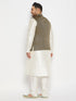 Vastramay Men's Plus Size Black Ethnic Jacket With Cream Silk Blend Kurta and Pant Style Pyjama Set