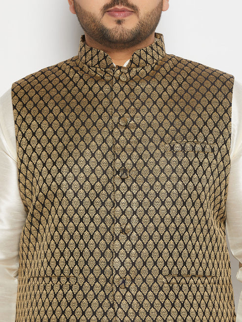 Vastramay Men's Plus Size Black Ethnic Jacket With Cream Silk Blend Kurta and Pant Style Pyjama Set
