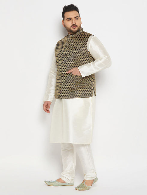 Vastramay Men's Plus Size Black Ethnic Jacket With Cream Silk Blend Kurta and Pant Style Pyjama Set