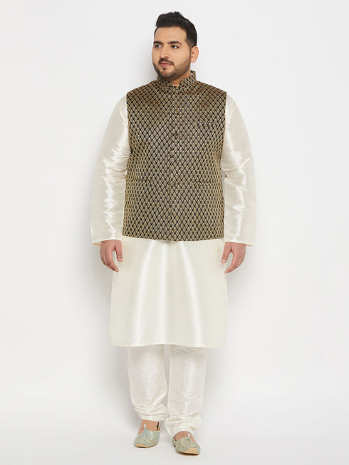 Vastramay Men's Plus Size Black Ethnic Jacket With Cream Silk Blend Kurta and Pant Style Pyjama Set