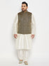 Vastramay Men's Plus Size Black Ethnic Jacket With Cream Silk Blend Kurta and Pant Style Pyjama Set