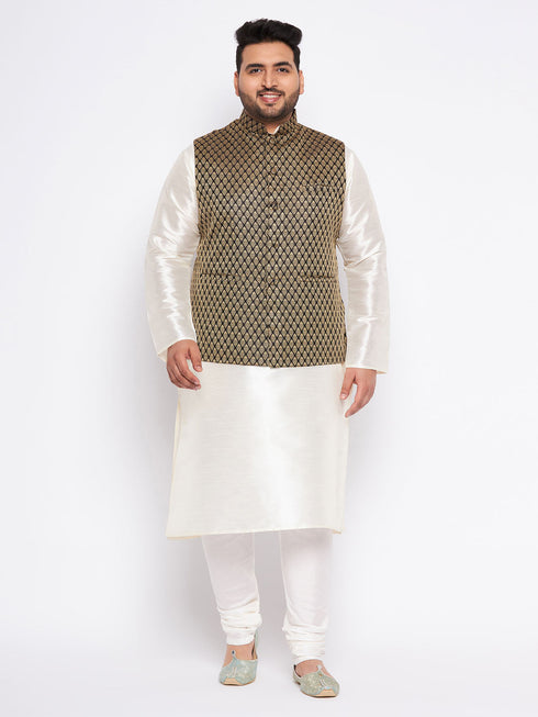 Vastramay Men's Plus Size Black Ethnic Jacket With Cream Silk Blend Kurta and Pyjama Set