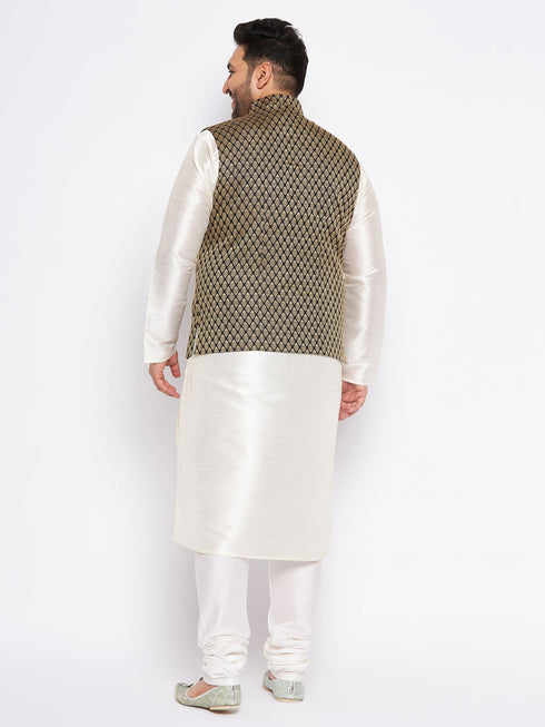 Vastramay Men's Plus Size Black Ethnic Jacket With Cream Silk Blend Kurta and Pyjama Set