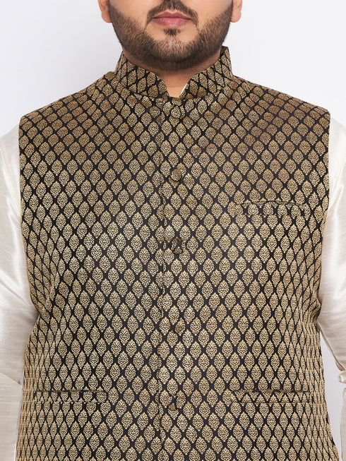 Vastramay Men's Plus Size Black Ethnic Jacket With Cream Silk Blend Kurta and Pyjama Set