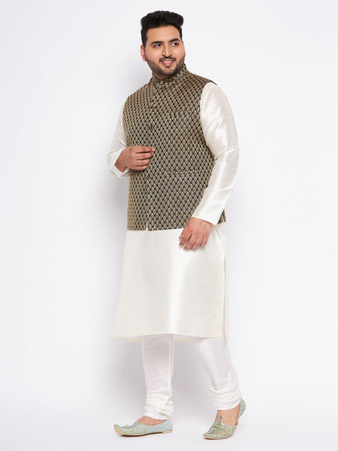 Vastramay Men's Plus Size Black Ethnic Jacket With Cream Silk Blend Kurta and Pyjama Set