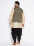 Vastramay Men's Plus Size Black Ethnic Jacket With golden Silk Blend Kurta and black dhoti Set