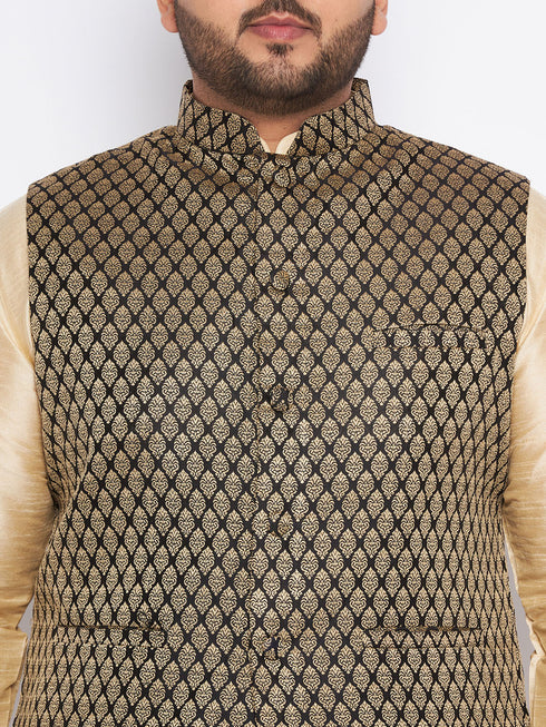 Vastramay Men's Plus Size Black Ethnic Jacket With golden Silk Blend Kurta and black dhoti Set