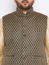 Vastramay Men's Plus Size Black Ethnic Jacket With golden Silk Blend Kurta and black dhoti Set