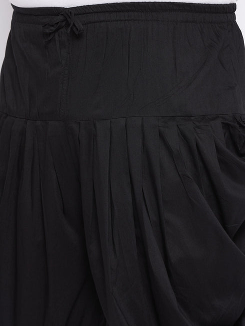 Vastramay Men's Plus Size Black Ethnic Jacket With golden Silk Blend Kurta and black dhoti Set