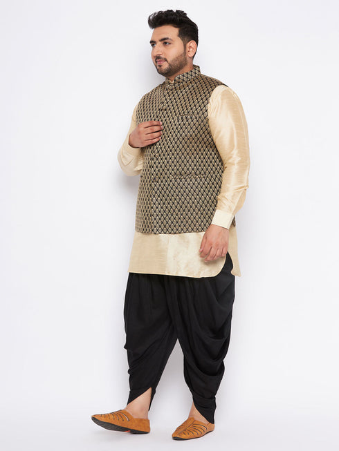 Vastramay Men's Plus Size Black Ethnic Jacket With golden Silk Blend Kurta and black dhoti Set
