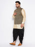 Vastramay Men's Plus Size Black Ethnic Jacket With golden Silk Blend Kurta and black dhoti Set