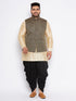Vastramay Men's Plus Size Black Ethnic Jacket With golden Silk Blend Kurta and black dhoti Set