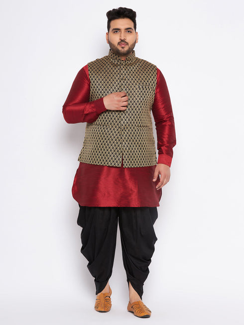Vastramay Men's Plus Size Black Ethnic Jacket With Maroon Silk Blend Kurta and black dhoti Set