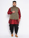 Vastramay Men's Plus Size Black Ethnic Jacket With Maroon Silk Blend Kurta and black dhoti Set