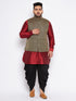 Vastramay Men's Plus Size Black Ethnic Jacket With Maroon Silk Blend Kurta and black dhoti Set