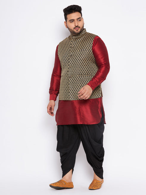 Vastramay Men's Plus Size Black Ethnic Jacket With Maroon Silk Blend Kurta and black dhoti Set