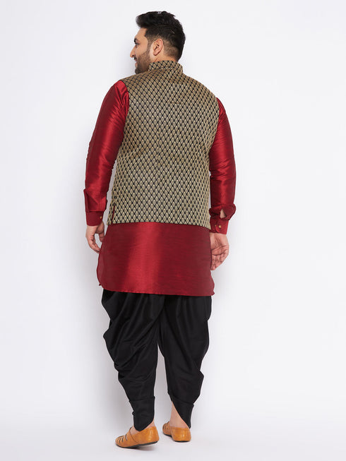 Vastramay Men's Plus Size Black Ethnic Jacket With Maroon Silk Blend Kurta and black dhoti Set
