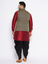 Vastramay Men's Plus Size Black Ethnic Jacket With Maroon Silk Blend Kurta and black dhoti Set