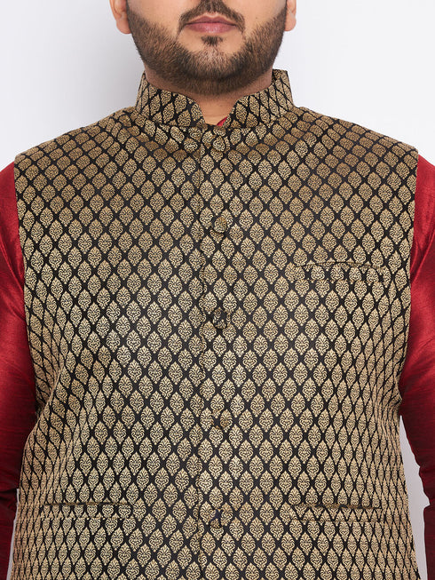 Vastramay Men's Plus Size Black Ethnic Jacket With Maroon Silk Blend Kurta and black dhoti Set