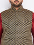 Vastramay Men's Plus Size Black Ethnic Jacket With Maroon Silk Blend Kurta and black dhoti Set