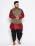 Vastramay Men's Plus Size Black Ethnic Jacket With Maroon Silk Blend Kurta and black dhoti Set