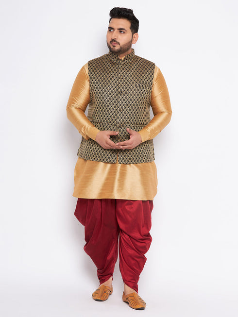 Vastramay Men's Plus Size Black Ethnic Jacket With Rose Gold Silk Blend Kurta and Maroon dhoti Set