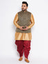 Vastramay Men's Plus Size Black Ethnic Jacket With Rose Gold Silk Blend Kurta and Maroon dhoti Set