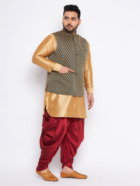 Vastramay Men's Plus Size Black Ethnic Jacket With Rose Gold Silk Blend Kurta and Maroon dhoti Set
