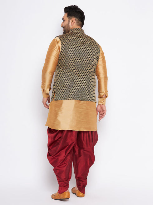 Vastramay Men's Plus Size Black Ethnic Jacket With Rose Gold Silk Blend Kurta and Maroon dhoti Set