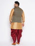 Vastramay Men's Plus Size Black Ethnic Jacket With Rose Gold Silk Blend Kurta and Maroon dhoti Set