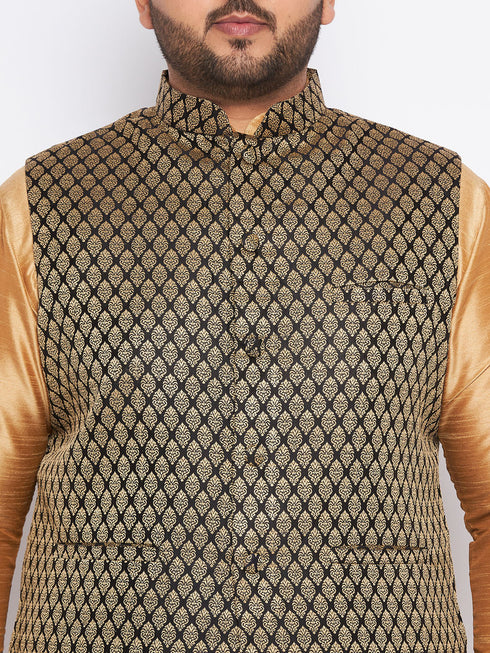 Vastramay Men's Plus Size Black Ethnic Jacket With Rose Gold Silk Blend Kurta and Maroon dhoti Set