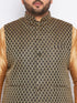 Vastramay Men's Plus Size Black Ethnic Jacket With Rose Gold Silk Blend Kurta and Maroon dhoti Set