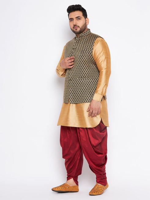 Vastramay Men's Plus Size Black Ethnic Jacket With Rose Gold Silk Blend Kurta and Maroon dhoti Set