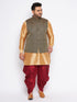 Vastramay Men's Plus Size Black Ethnic Jacket With Rose Gold Silk Blend Kurta and Maroon dhoti Set
