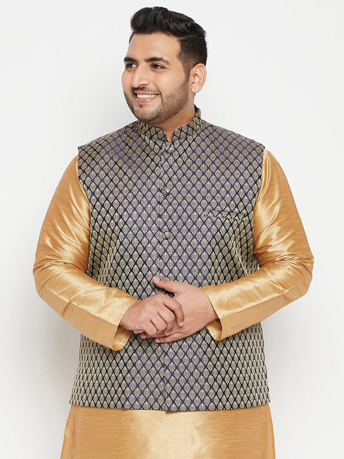Vastramay Men's Plus Size Blue Woven Nehru Jacket