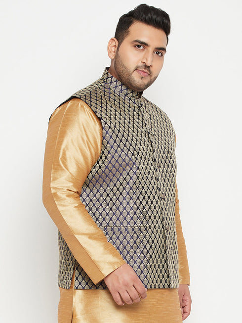 Vastramay Men's Plus Size Blue Woven Nehru Jacket