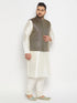 Vastramay Men's Plus Size Blue Ethnic Jacket With Cream Silk Blend Kurta and Pant Style Pyjama Set