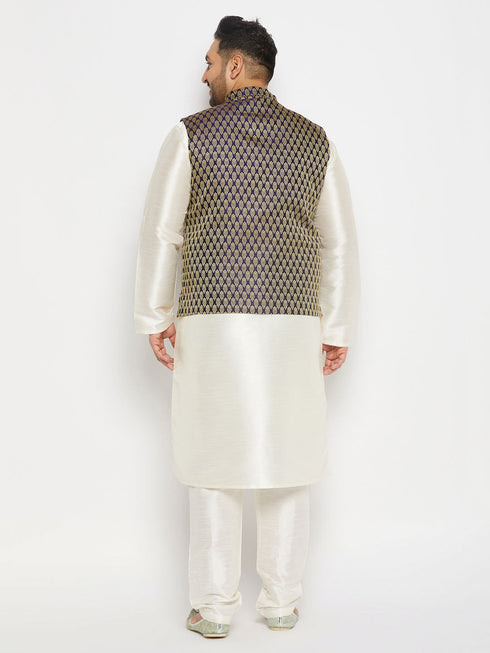 Vastramay Men's Plus Size Blue Ethnic Jacket With Cream Silk Blend Kurta and Pant Style Pyjama Set