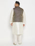 Vastramay Men's Plus Size Blue Ethnic Jacket With Cream Silk Blend Kurta and Pant Style Pyjama Set