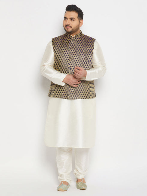 Vastramay Men's Plus Size Blue Ethnic Jacket With Cream Silk Blend Kurta and Pant Style Pyjama Set