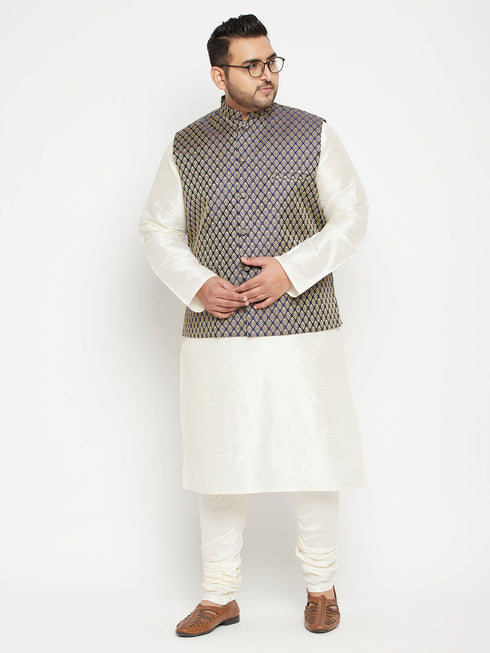 Vastramay Men's Plus Size Cream and Navy Blue Silk Blend Jacket Kurta Pyjama Set