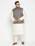 Vastramay Men's Plus Size Cream and Navy Blue Silk Blend Jacket Kurta Pyjama Set