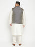 Vastramay Men's Plus Size Cream and Navy Blue Silk Blend Jacket Kurta Pyjama Set