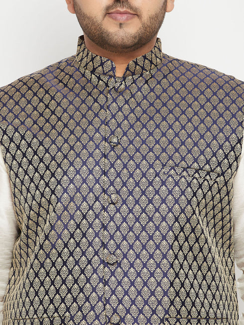 Vastramay Men's Plus Size Cream and Navy Blue Silk Blend Jacket Kurta Pyjama Set