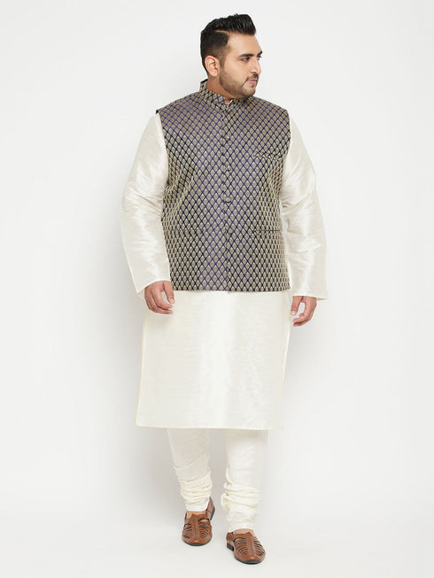 Vastramay Men's Plus Size Cream and Navy Blue Silk Blend Jacket Kurta Pyjama Set