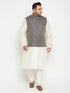 Vastramay Men's Plus Size Cream and Navy Blue Silk Blend Jacket Kurta Pyjama Set