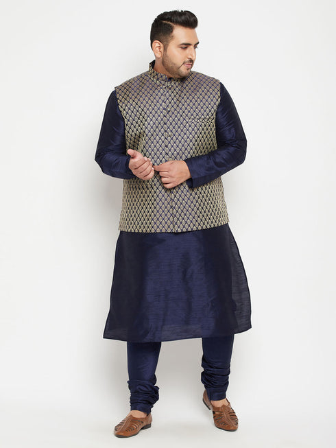 Vastramay Men's Plus Size Navy Blue Woven Silk Blend Jacket Kurta Pyjama Set
