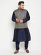 Vastramay Men's Plus Size Navy Blue Woven Silk Blend Jacket Kurta Pyjama Set