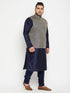 Vastramay Men's Plus Size Navy Blue Woven Silk Blend Jacket Kurta Pyjama Set