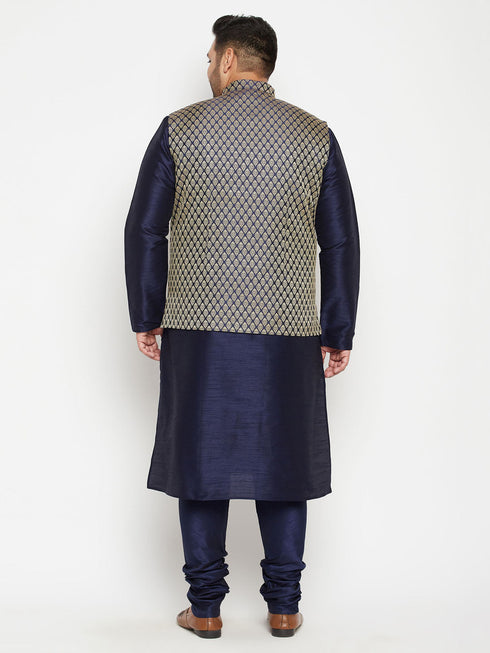 Vastramay Men's Plus Size Navy Blue Woven Silk Blend Jacket Kurta Pyjama Set
